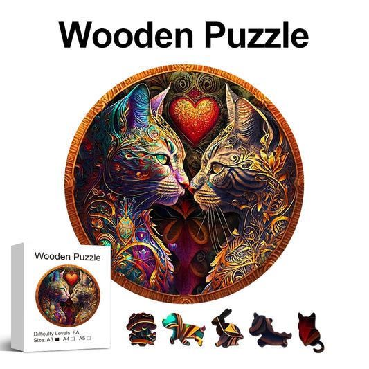 Two Cats Wooden Jigsaw Puzzles Art|Unique Animal Shaped Pieces | Stress Relieve Toys|DIY Leisure Game for Family