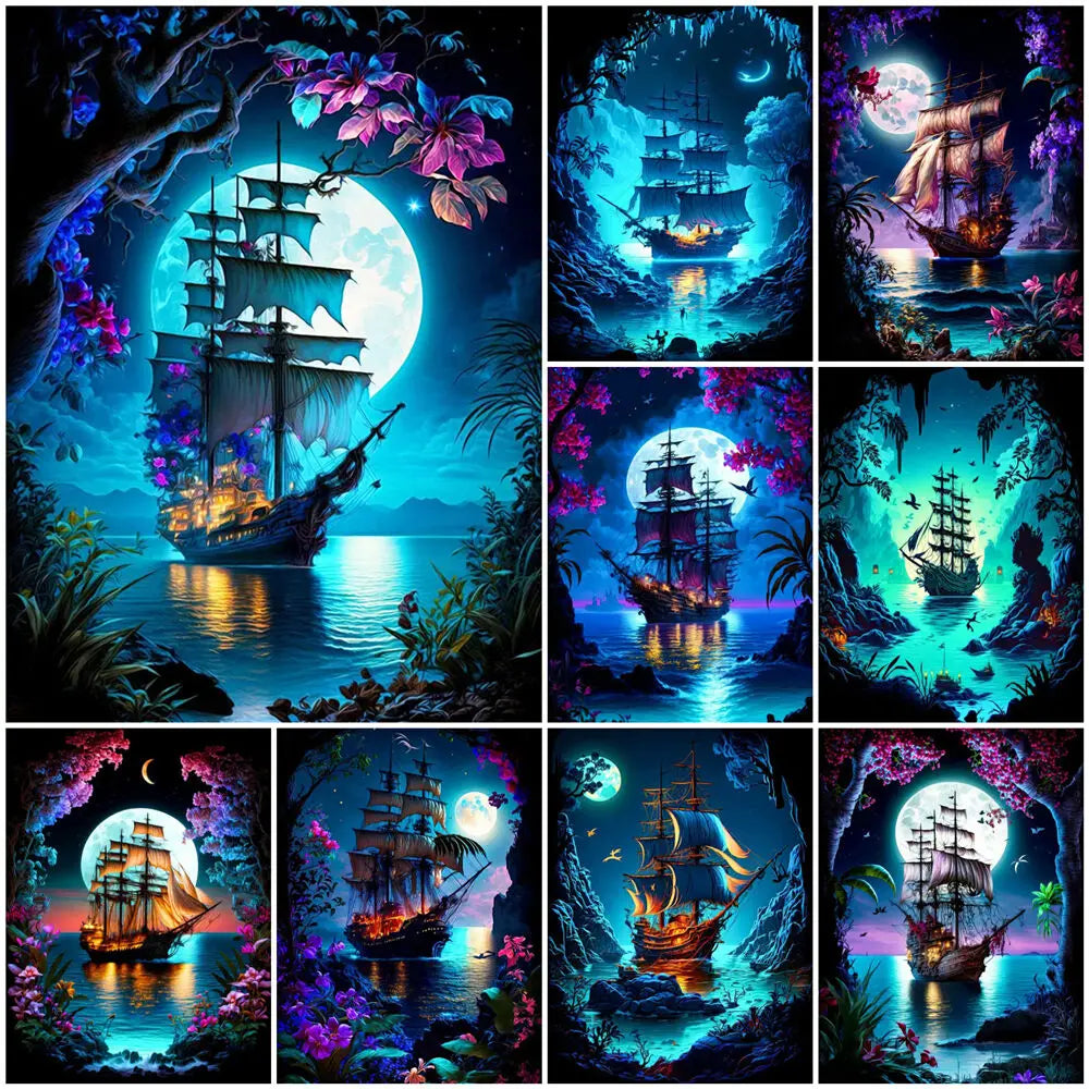 EverShine Diamond Mosaic Sailboat Moon | New Collection 2024 Diamond Painting Landscape Craft Kit | Moon River Home Decor