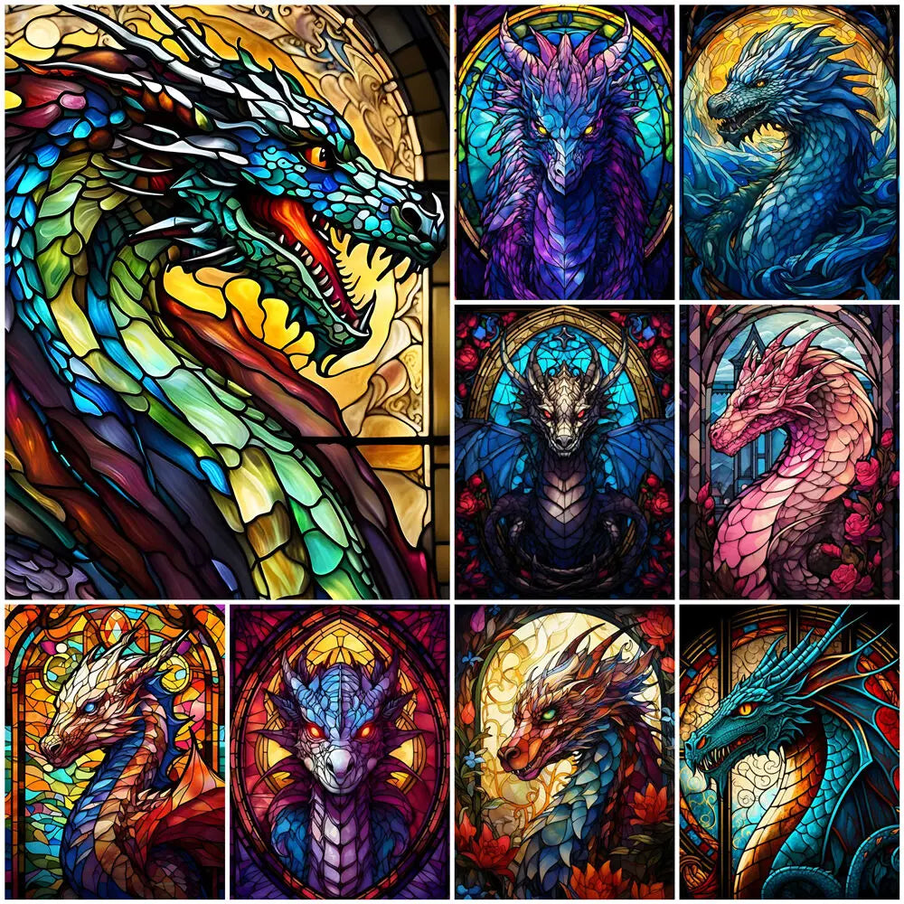 EverShine Stained Glass Art Diamond Painting Dragon | Full Square Drill Mosaic Animal | Wall Decor