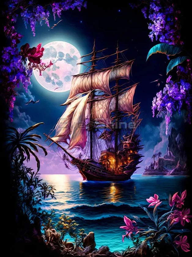 EverShine Diamond Mosaic Sailboat Moon | New Collection 2024 Diamond Painting Landscape Craft Kit | Moon River Home Decor