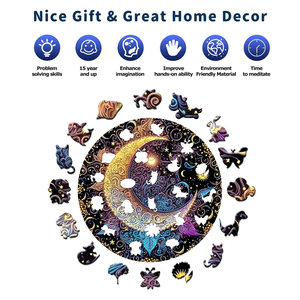 Sun Moon Wooden Jigsaw Puzzles Art | Unique Animal Shaped Pieces Stress Relieve Toys | DIY Leisure Game for Family | Home Decor