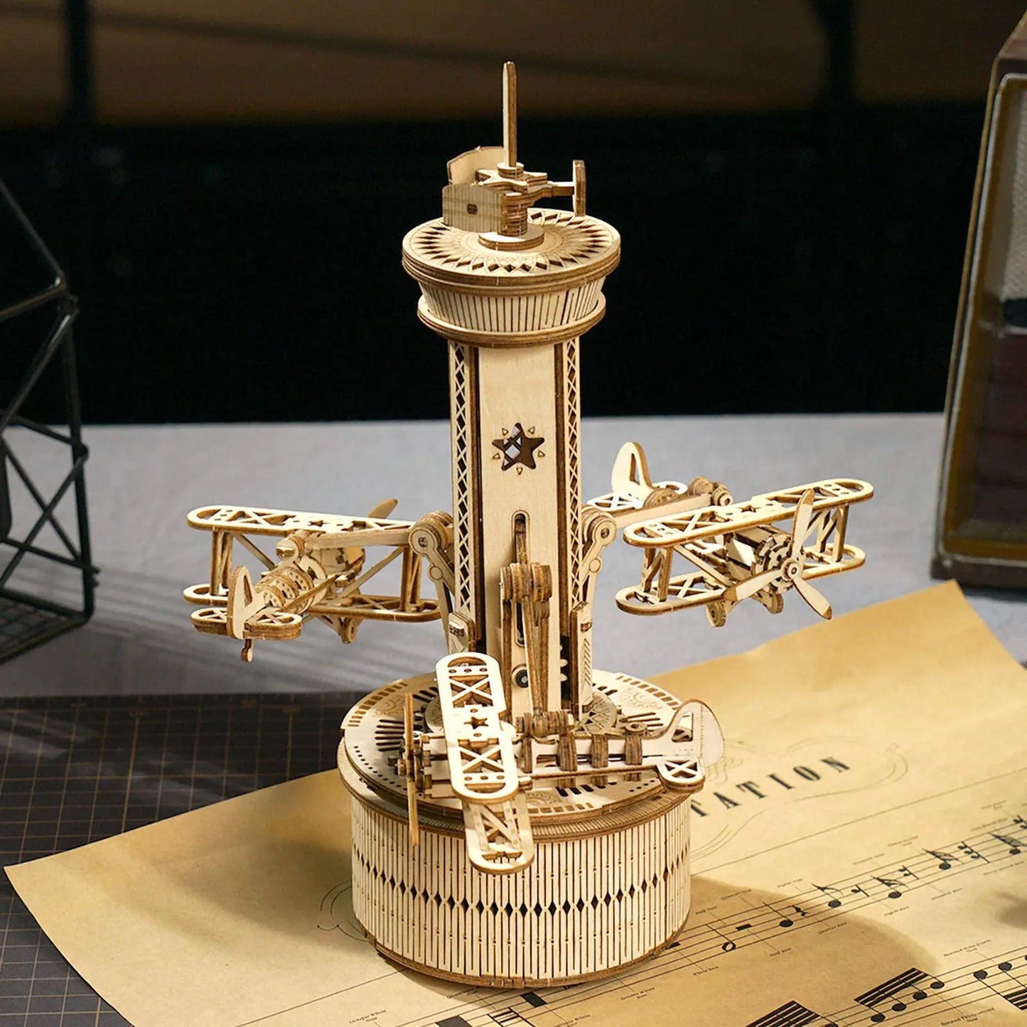 3D Wooden Puzzles for Adults | DIY Musical Box Model Kit to Build Self-Assembly Building Kit | Airplane- Control Tower