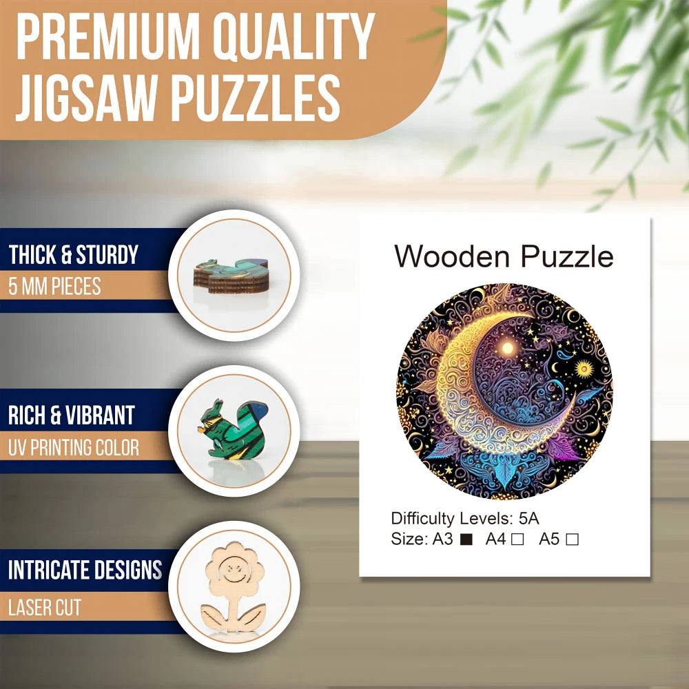 Sun Moon Wooden Jigsaw Puzzles Art | Unique Animal Shaped Pieces Stress Relieve Toys | DIY Leisure Game for Family | Home Decor