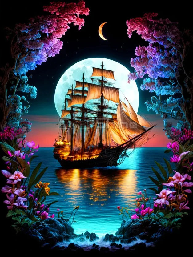 EverShine Diamond Mosaic Sailboat Moon | New Collection 2024 Diamond Painting Landscape Craft Kit | Moon River Home Decor