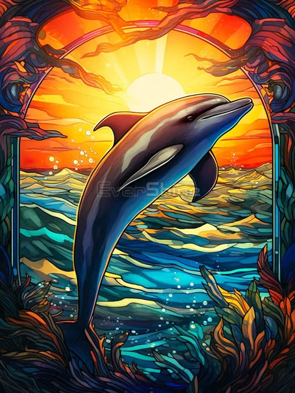 EverShine Full Square Drill Diamond Mosaic Sea Animal | Diamond Painting Stained Glass Art |Embroidery Dolphin Wall Decor