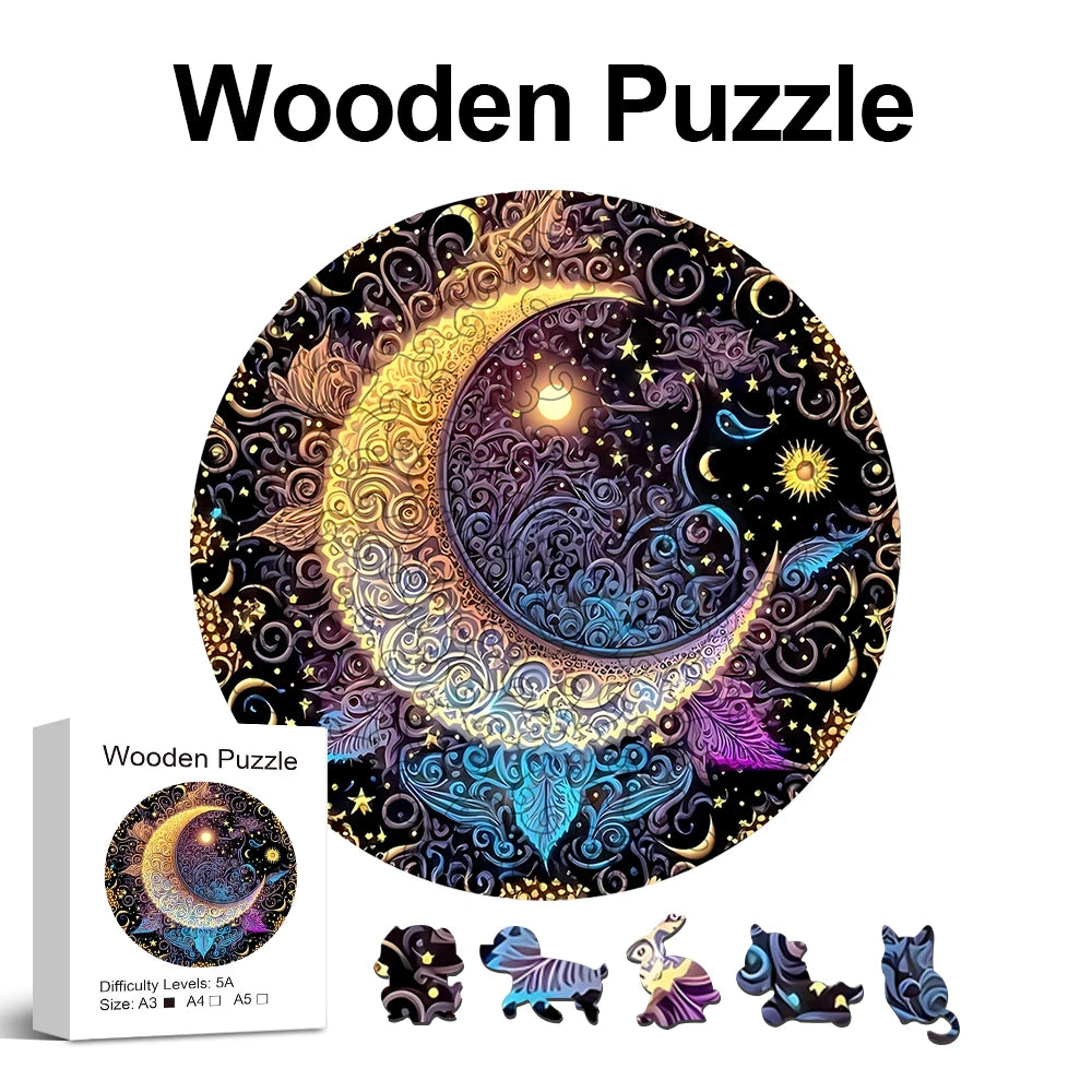 Sun Moon Wooden Jigsaw Puzzles Art | Unique Animal Shaped Pieces Stress Relieve Toys | DIY Leisure Game for Family | Home Decor