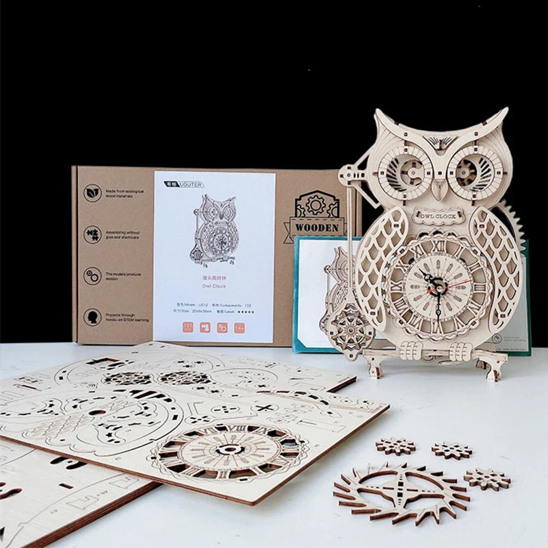 3D DIY Wooden Puzzle | Jigsaw Owl Pendulum Vintage Clock Model | Block Kits