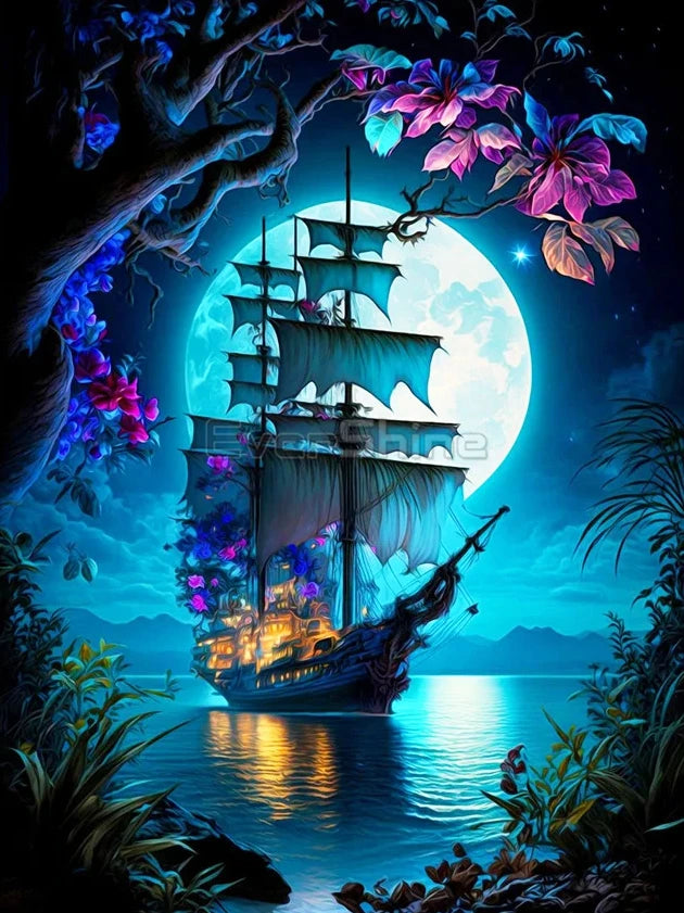 EverShine Diamond Mosaic Sailboat Moon | New Collection 2024 Diamond Painting Landscape Craft Kit | Moon River Home Decor